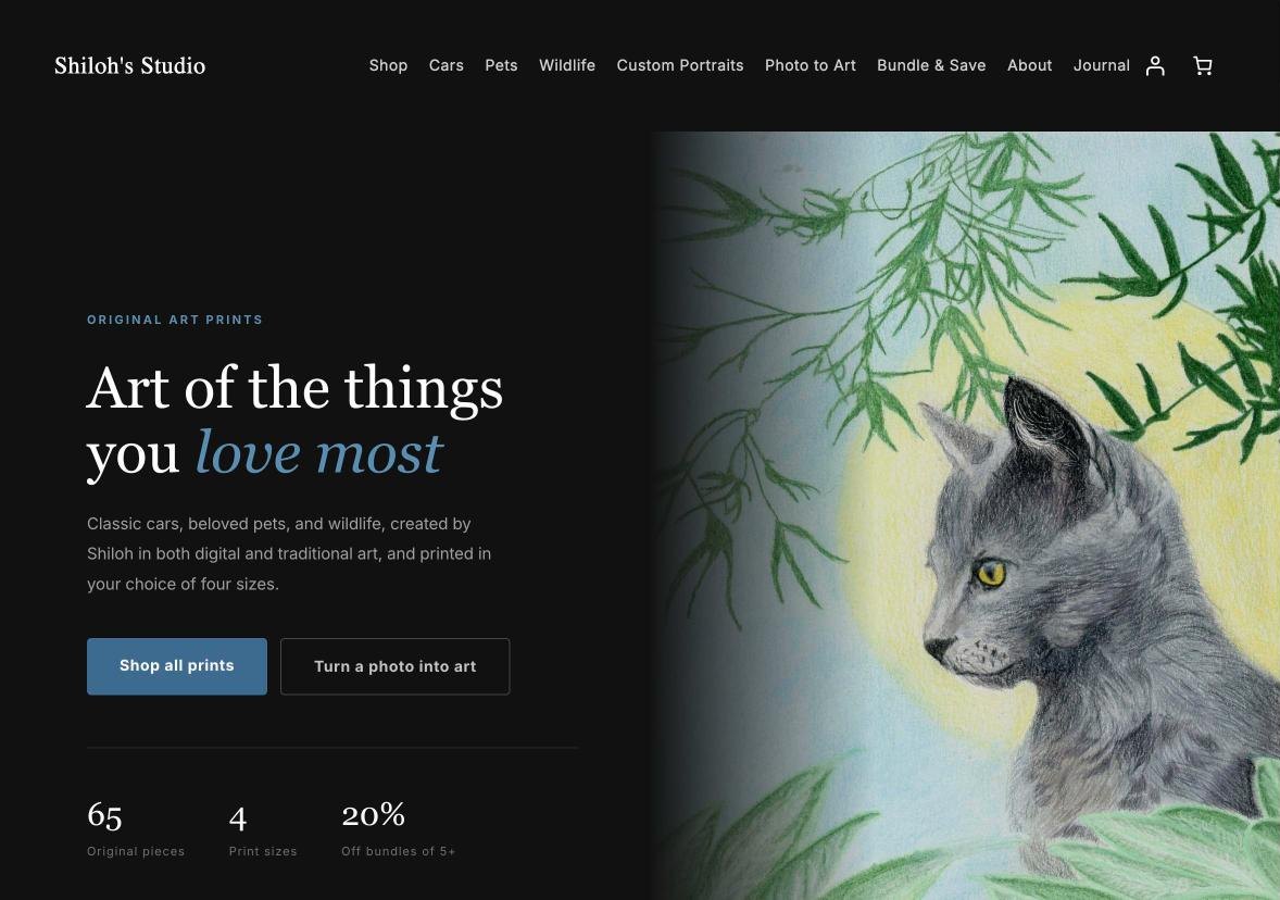 Homepage of Shiloh's Studio, a dark gallery-style art print shop with a colored-pencil cat drawing