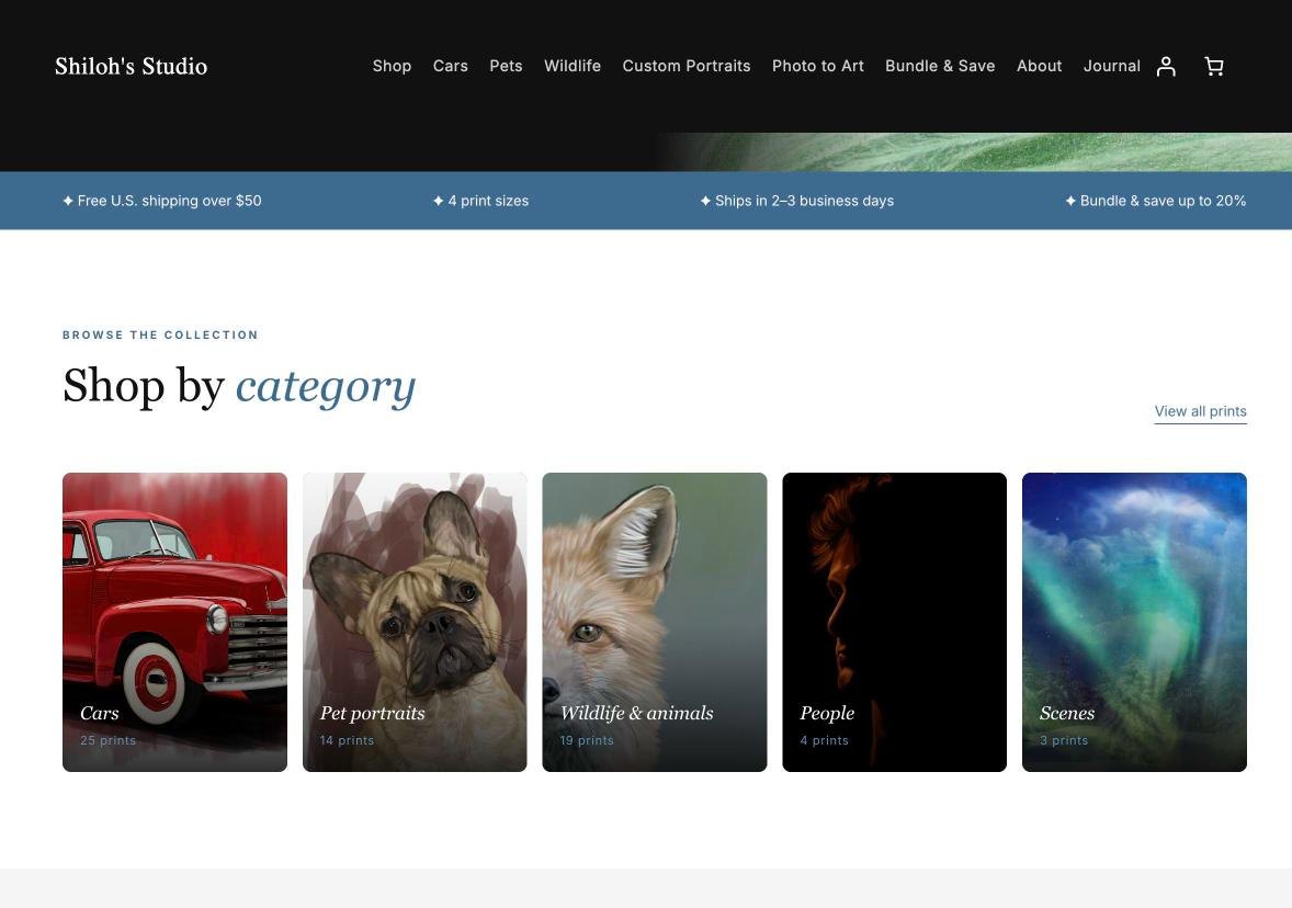 Shiloh's Studio shop page with category tiles for cars, pet portraits, wildlife, people and scenes