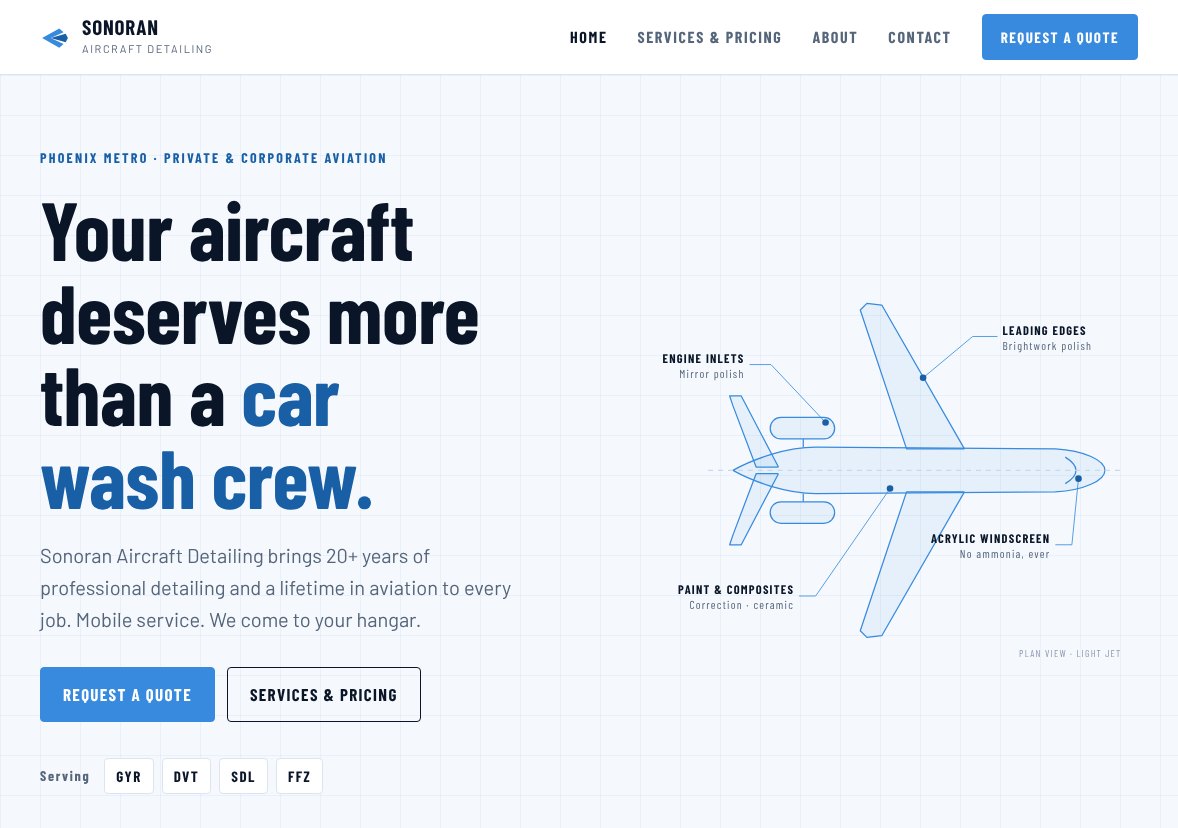 Sonoran Aircraft Detailing homepage, clean white with a blue blueprint drawing of a light jet labeled with the service for each surface